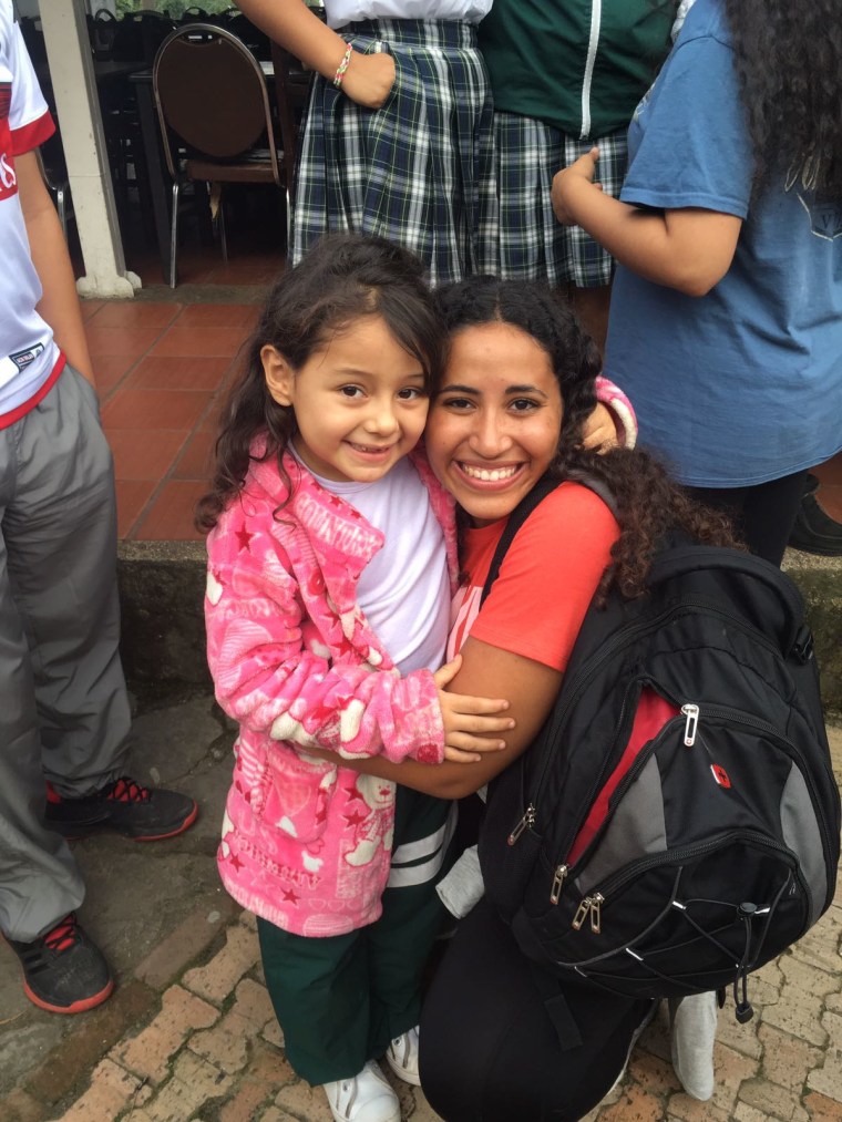 Youth Ambassador Olivia Martinez with 5-year-old Sara at the Fundacion Formemos education center in Cundinamarca, Colombia, July 2017.