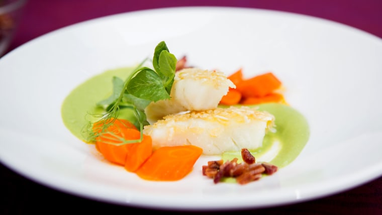 Daniel Boulud's Rice Flake Crusted Fish "Goujonettes" with English Pea Sauce and California Carrots