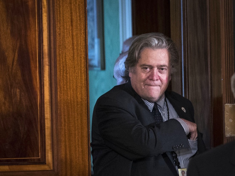 Image: Steve Bannon, Donald Trump's chief strategist, arrives in the East Room as the president and Prime Minister Paolo Gentiloni of Italy hold a joint news conference.