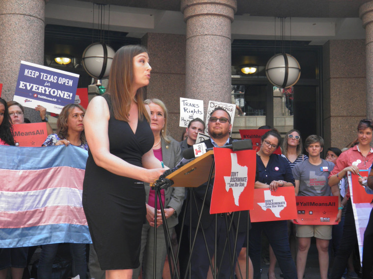 Image: Ashley Smith speaks at a rally against a so-called \"bathroom bill\" being considered by the Republican-dominated Texas Senate at the Texas Capitol in Austin