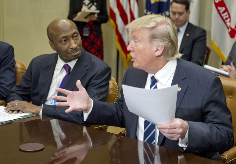 Image: U.S. President Donald Trump speaks as Ken Frazier, chairman and chief executive officer of Merck & Co., listens during a meeting with representatives from the Pharmaceutical Research and Manufacturers of America at the White House, Jan. 31, 2017.