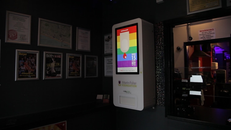 A vending machine dispensing free HIV tests is seen at the entrance of the Brighton Sauna in Brighton, Britain, August 10, 2017. THOMSON REUTERS FOUNDATION/Cormac O'Brien