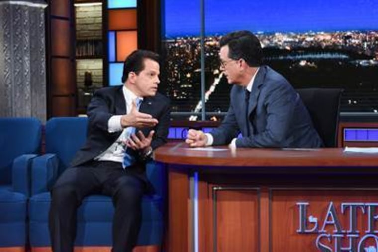 Anthony Scaramucci, left, appears on CBS' "Late Show" with Stephen Colbert, Monday, Aug. 14, 2017, in New York.