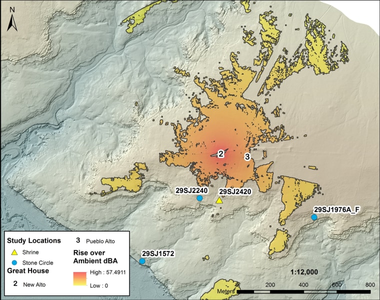 A soundshed map shows how the noise of a person shouting from Pueblo Alto in Chaco canyon would spread through the vicinity.