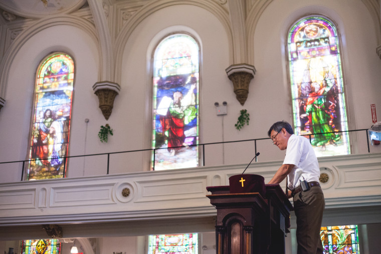 Rev. Leonid Kim delivers a sermon in Russian at the All Nations Baptist Church in Brooklyn, New York.