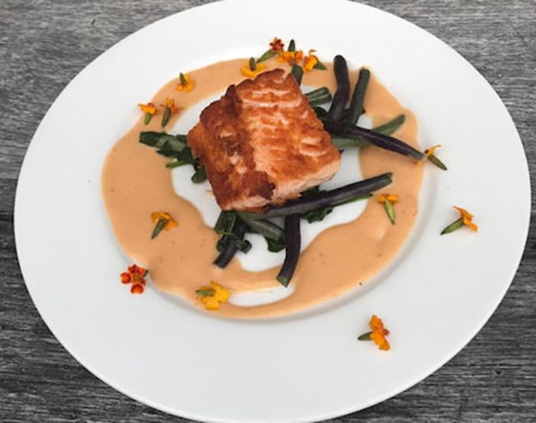 Organic farm raised salmon with peach glaze, Jersey purple beans and baby spinach.