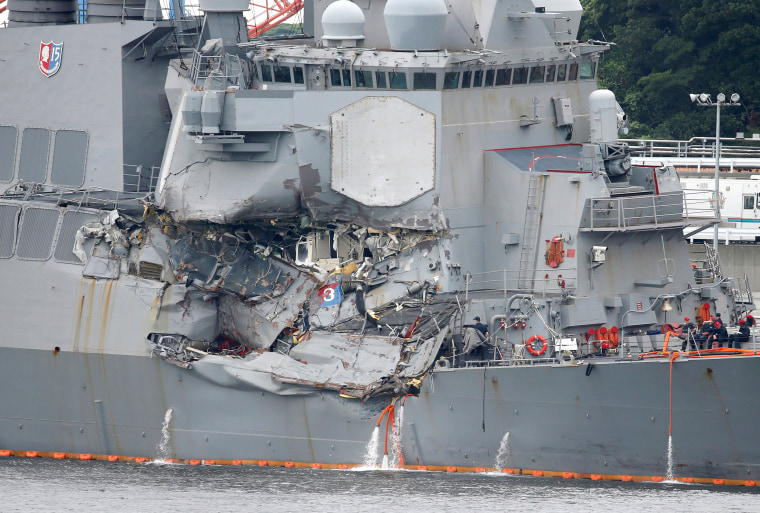 Image: The Arleigh Burke-class Guided-Missile Destroyer USS Fitzgerald, Damaged by Colliding with a Philippine-flagged Merchant Vessel, is seen at the U.S. naval base in Yokosuka