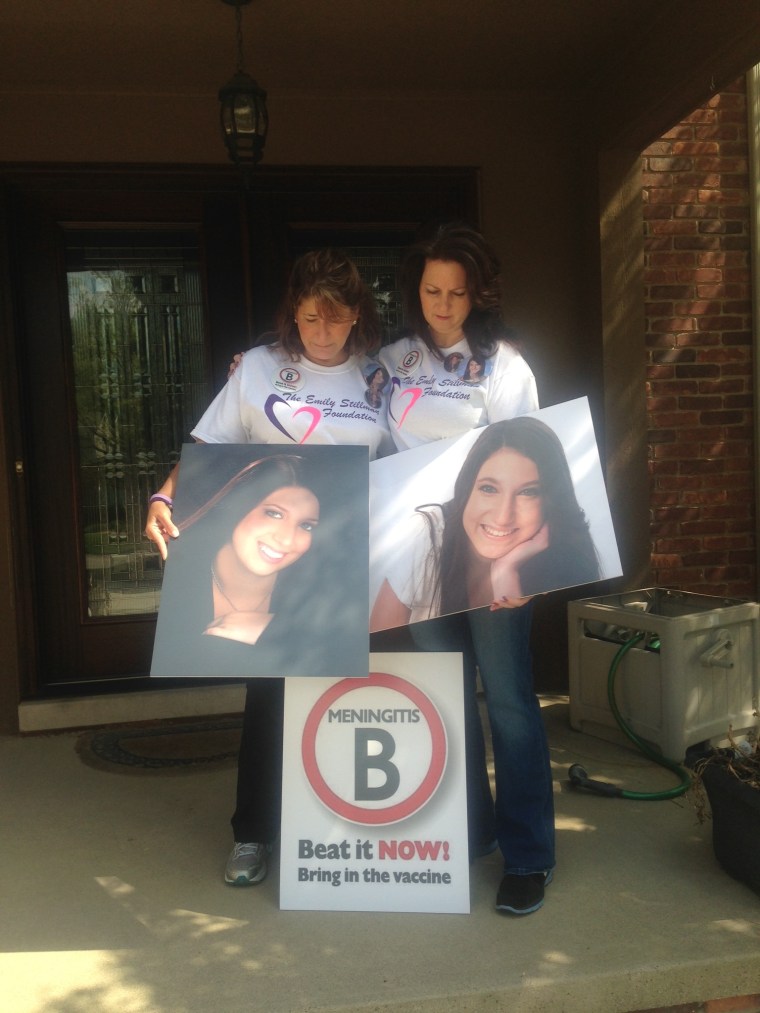 Alicia Stillman, founder of the Emily Stillman Foundation, with photos of her daughter, who died at 19 of meningitis B while a student at Kalamazoo College.