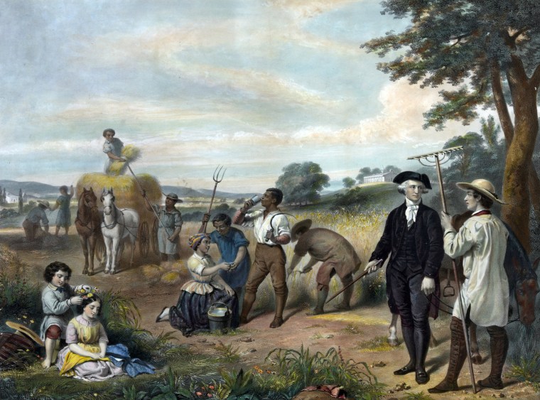 George Washington standing among African-American field workers.