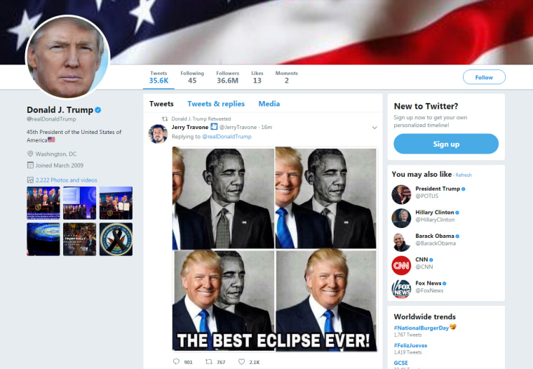 Image: Trump retweeted an image of him covering former President Barack Obama