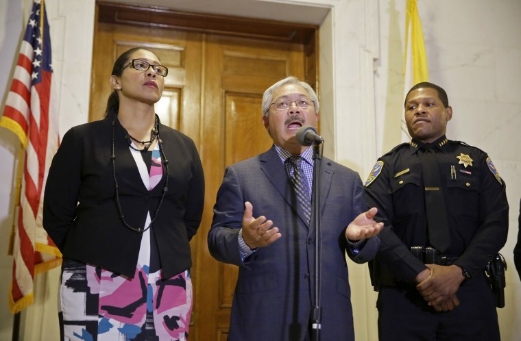 Image: San Francisco Mayor Ed Lee gestures during a news conference as Board of Supervisors President London Breed, left, and police chief William Scott, right, listen at City Hall Tuesday, Aug. 15, 2017, in San Francisco.