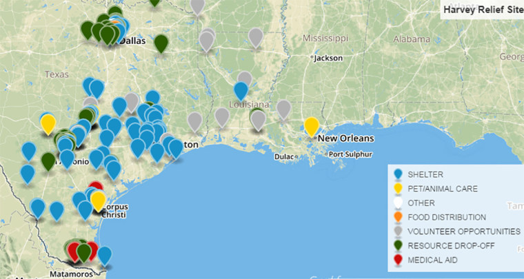 Image: Twitter's @HarveyRelief's map directs people to shelters, resources, aid and volunteer opportunities