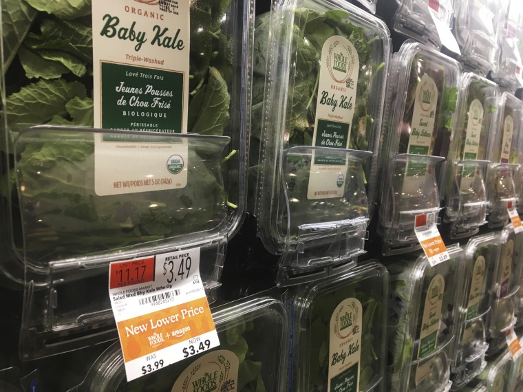 Image: Organic baby kale that has been reduced in price appears on sale at a Whole Foods