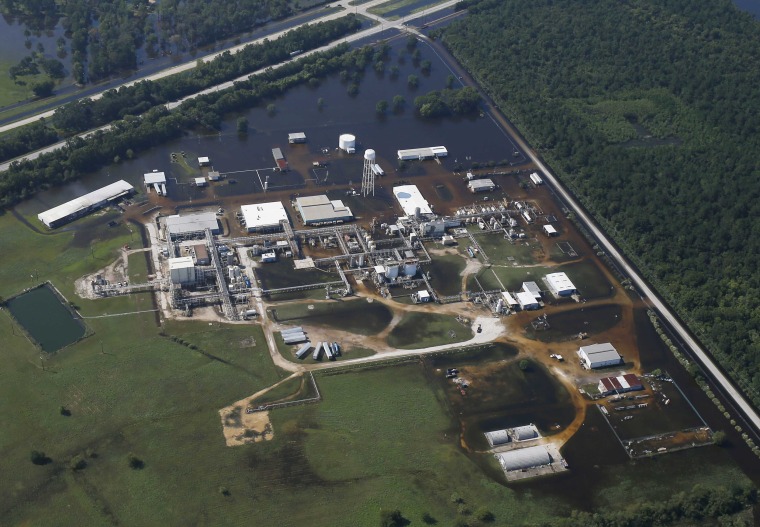 Image: The flooded plant of French chemical maker Arkema SA, which produces organic peroxides, is seen after fires were reported at the facilty in Crosby