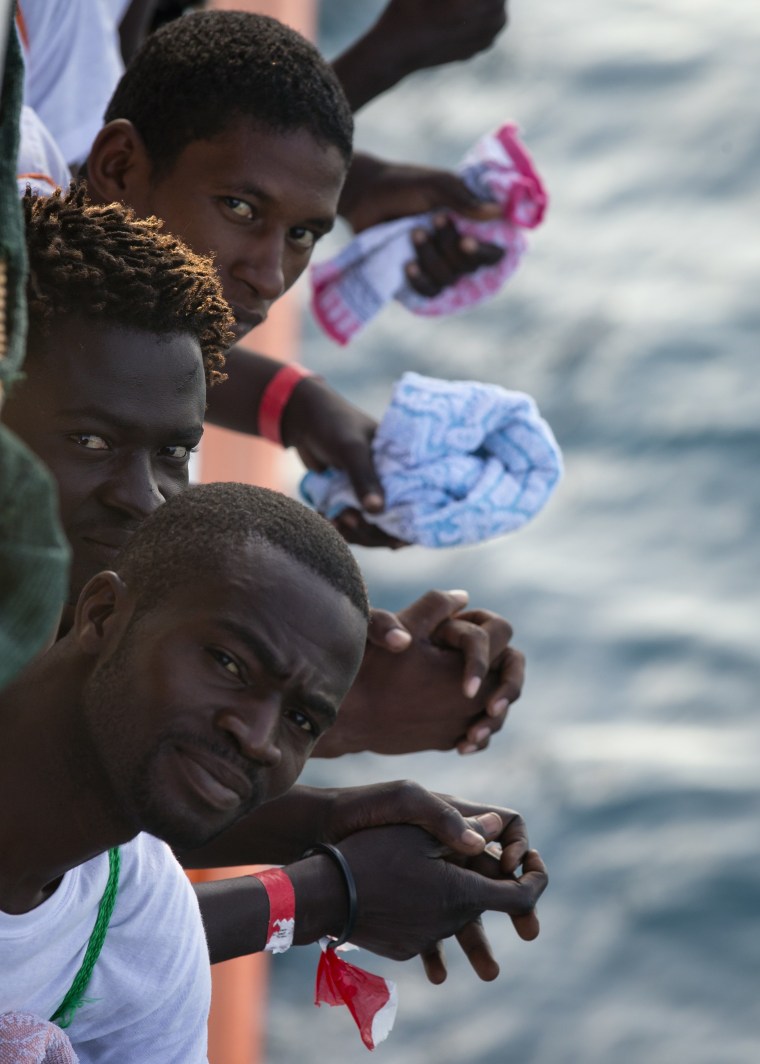 Image: African migrants who were rescued off Libya's coast