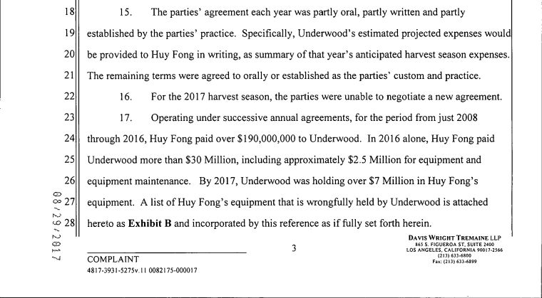 An excerpt of a lawsuit between Sriracha hot sauce producer Huy Fong and its chili pepper producer.