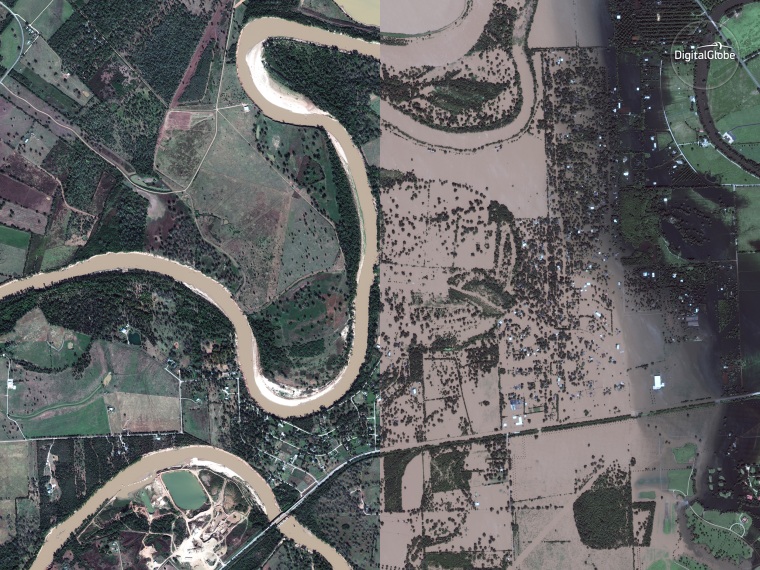 Image: A satellite image show before and after Tropical Storm Harvey hit Simonton, Texas