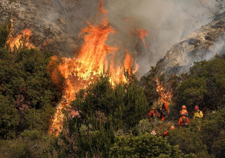 Image: A crew with California Department of Forestry and Fire Protection (Cal Fire) battles a brushfire