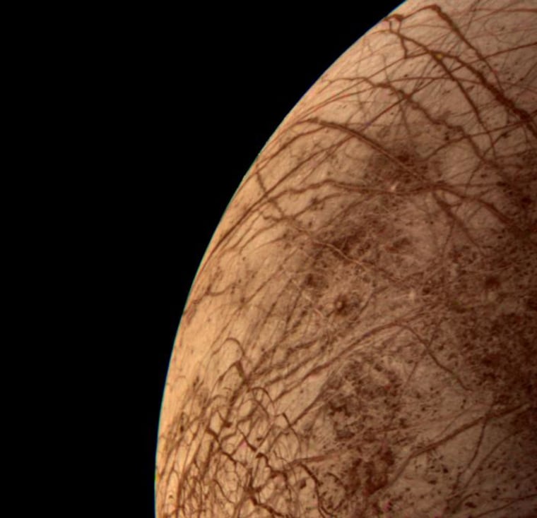 This color image of the Jovian moon Europa was acquired by NASA's Voyager 2 during its close encounter on July 9, 1979. Europa, the size of our moon, is thought to have a crust of ice perhaps 100 kilometers thick which overlies the silicate crust.