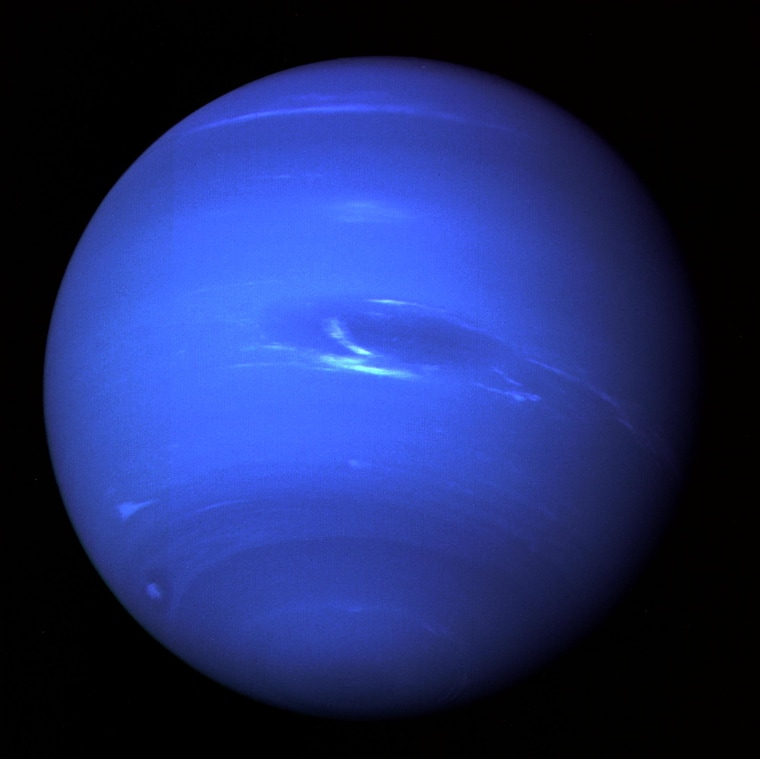 This picture of Neptune was produced from the last whole planet images taken through the green and orange filters on NASA's Voyager 2 narrow angle camera. The images were taken at a range of 4.4 million miles from the planet, 4 days and 20 hours before closest approach. The picture shows the Great Dark Spot and its companion bright smudge; on the west limb the fast moving bright feature called Scooter and the little dark spot are visible. These clouds were seen to persist for as long as Voyager's cameras could resolve them. North of these, a bright cloud band similar to the south polar streak may be seen. http://photojournal.jpl.nasa.gov/catalog/PIA01492