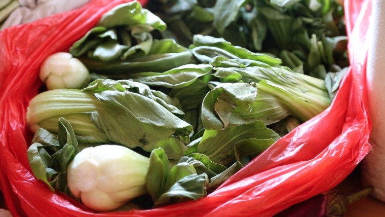 Bok choy purchased from Weee! waits to be picked up at a restaurant in New Jersey.