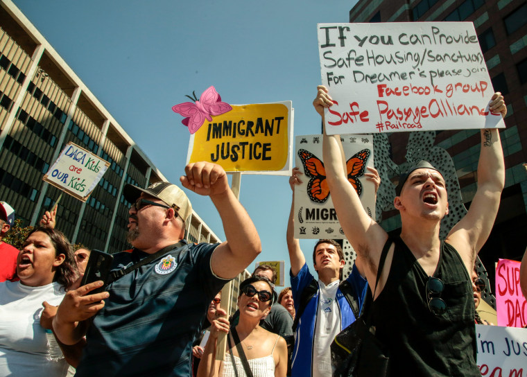 Image: Supporters of the Deferred Action for Childhood Arrivals (DACA) program recipient during a rally outside the Edward R. Roybal Federal Building in Los Angeles, California