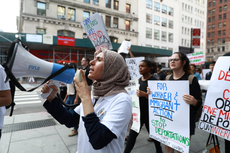 Image: Protesters march around City Hall to protest the planned dissolution of DACA in Manhattan, New York City