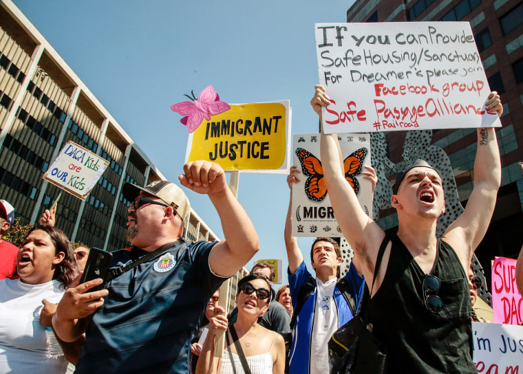 Image: Supporters of the Deferred Action for Childhood Arrivals (DACA) program recipient during a rally outside the Edward R. Roybal Federal Building in Los Angeles, California