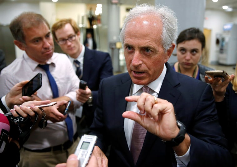 Image: Senator Bob Corker (R-TN) speaks to reporters after the Senate approved $15.25 billion in aid for areas affected by Hurricane Harvey in Washington