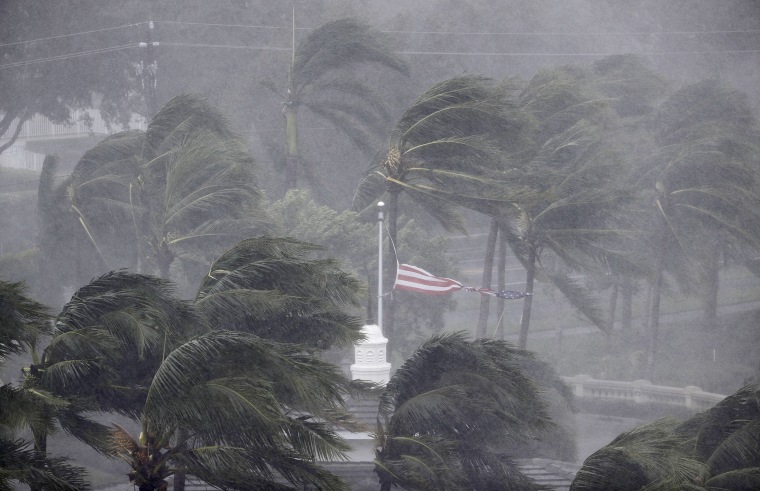 Image: An American flag is torn as Hurricane Irma passes through Naples on Sept. 10.