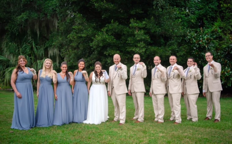 Wedding party cheers up bride with a broken wrist by wearing Ace bandages in funny photo