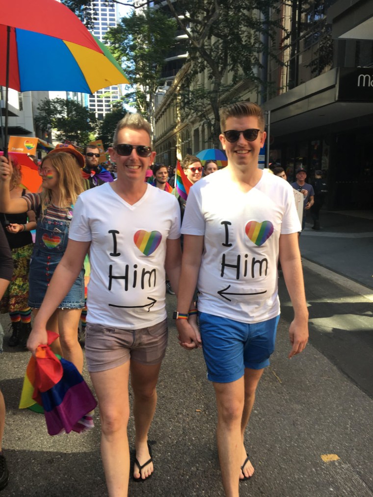 Andrew Eggins and Andy Copley at a marriage equality rally in Brisbane, Australia.
