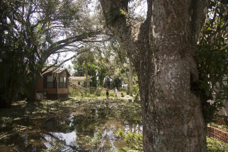 Image: Shannon Hill, left, helps her mother, Linda Humphries, navigate the debris-covered street toward her mother's home