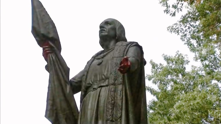 Image: A statue of Christopher Columbus was vandalized in Central Park in New York