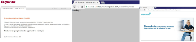 The three credit bureaus websites returned error messages at various times Wednesday for consumers seeking credit freezes.