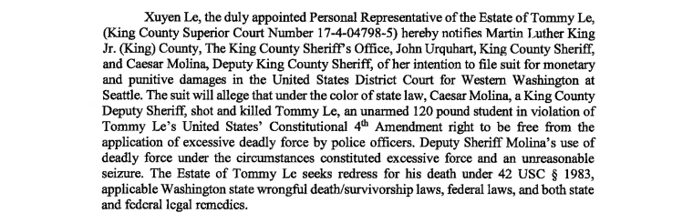 An excerpt of court documents detailing the Le's family's allegations against the King County Sheriff's Office.