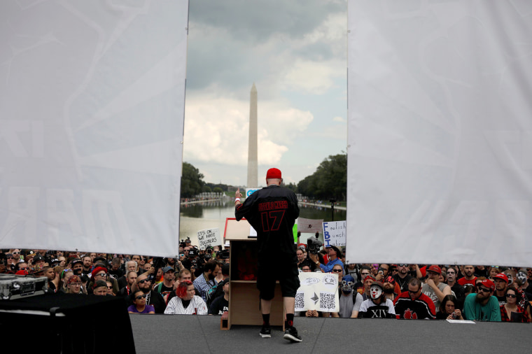 Image: Speaker is seen near the reflecting pool during the Juggalo March in Washington