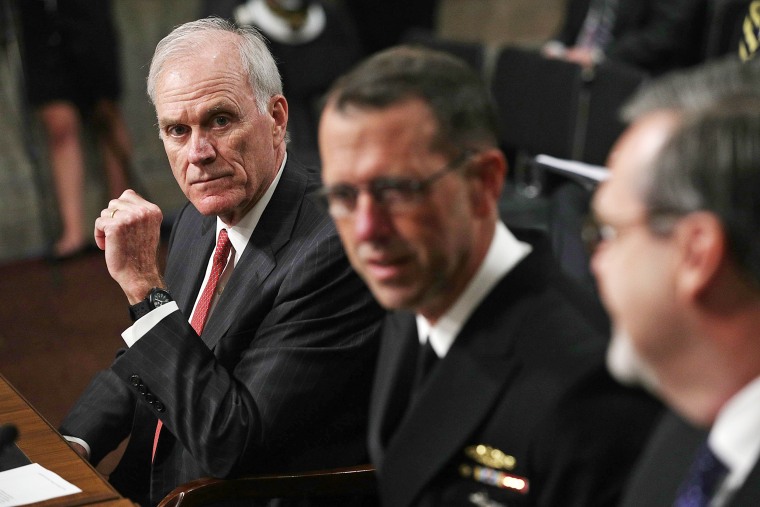 Image: U.S. Secretary of the Navy Richard Spencer (L) talks to Chief of Naval Operations Adm. John Richardson (R) prior to a hearing before Senate Armed Services Committee