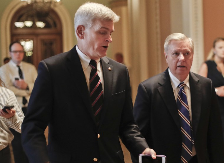 Image: Bill Cassidy and Lindsey Graham  talk while walking to a meeting on Capitol Hill