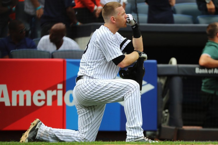 Image: Todd Frazier of the New York Yankees reacts after a child was hit by a foul ball off his bat