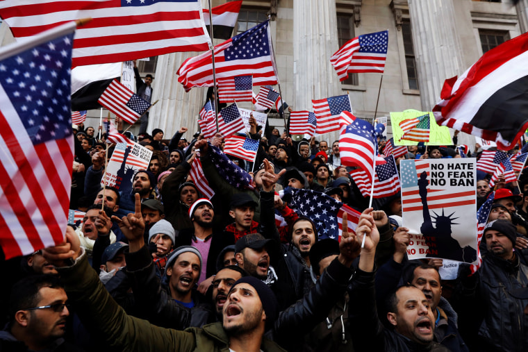 Image: Demonstrators participate in a protest by the Yemeni community against U.S. President Donald Trump's travel ban in the Brooklyn borough of New York