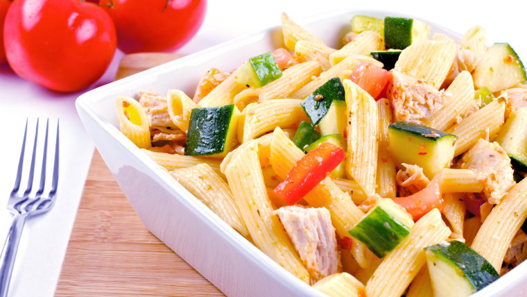 Bowl of pasta salad with vegetables and chicken