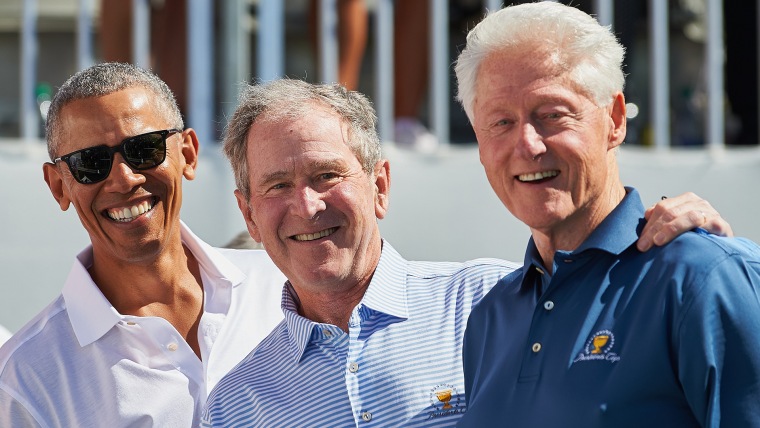 Former presidents Barack Obama, George W. Bush and Bill Clinton had themselves a great time before the opening round of the Presidents Cup golf tournament in New Jersey. 