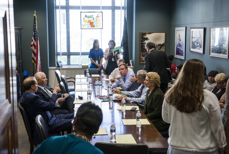 Image: Democratic senators prepare to meet behind closed doors before the Senate Finance Committee holds a hearing to consider the Graham-Cassidy health care