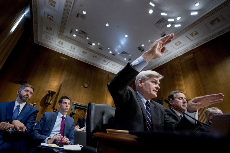 Image: Sen. Bill Cassidy, R-La., second from right, accompanied by Former Pennsylvania Sen. Rick Santorum, right, testifies