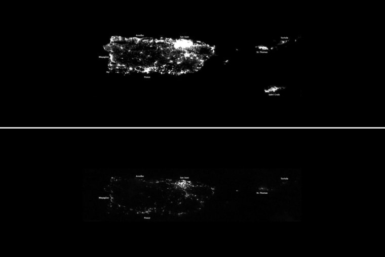 Image: A combination of NOAA Satellite images taken at night shows Puerto Rico before and after Hurricane Maria