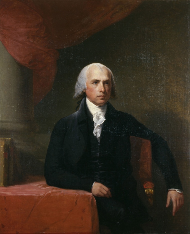 James Madison (1751-1936) American politician and political philosopher, Fourth President of the United States 1809-1817. Portrait by Gilbert Stuart (1754-1828), 1805-1807.