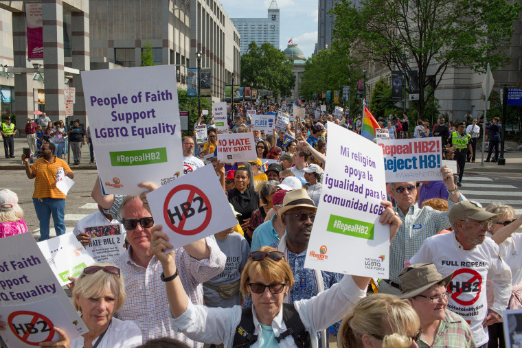 Image: Demonstrators call for the repeal of HB2 in Raleigh, North Carolina