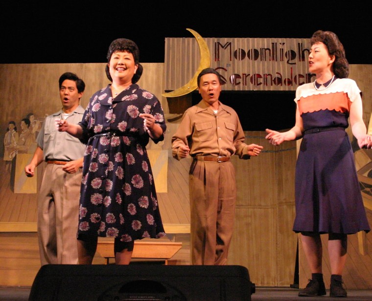 The Grateful Crane Ensemble singing "Moonlight Serenade" in "The Camp Dance: The Music & The Memories." From left: Kurt Kuniyoshi, Haruye Ioka, Darrell Kunitomi, Keiko Kawashim.