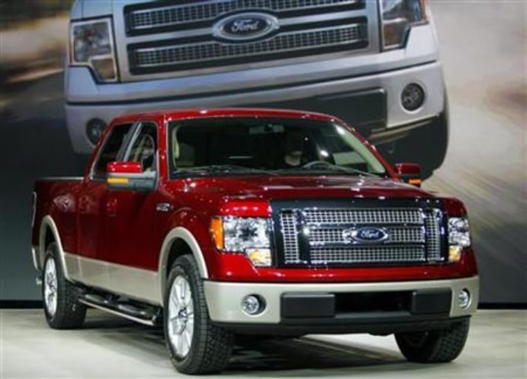 The 2009 Ford F-150 pickup truck sits on stage at the 2008 North American International Auto Show in Detroit